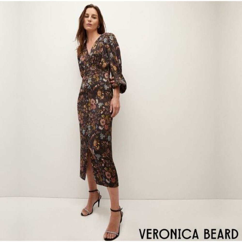 Veronica Beard Terina Black Floral Silk Blend Maxi Dress Long Sleeve Size 10